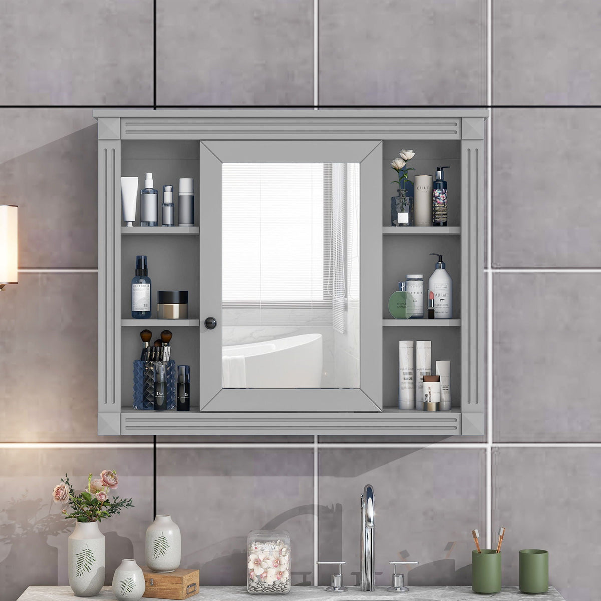 Wall Mounted Bathroom Storage Cabinet With Mirror, Cabinet With 6 Open Shelves