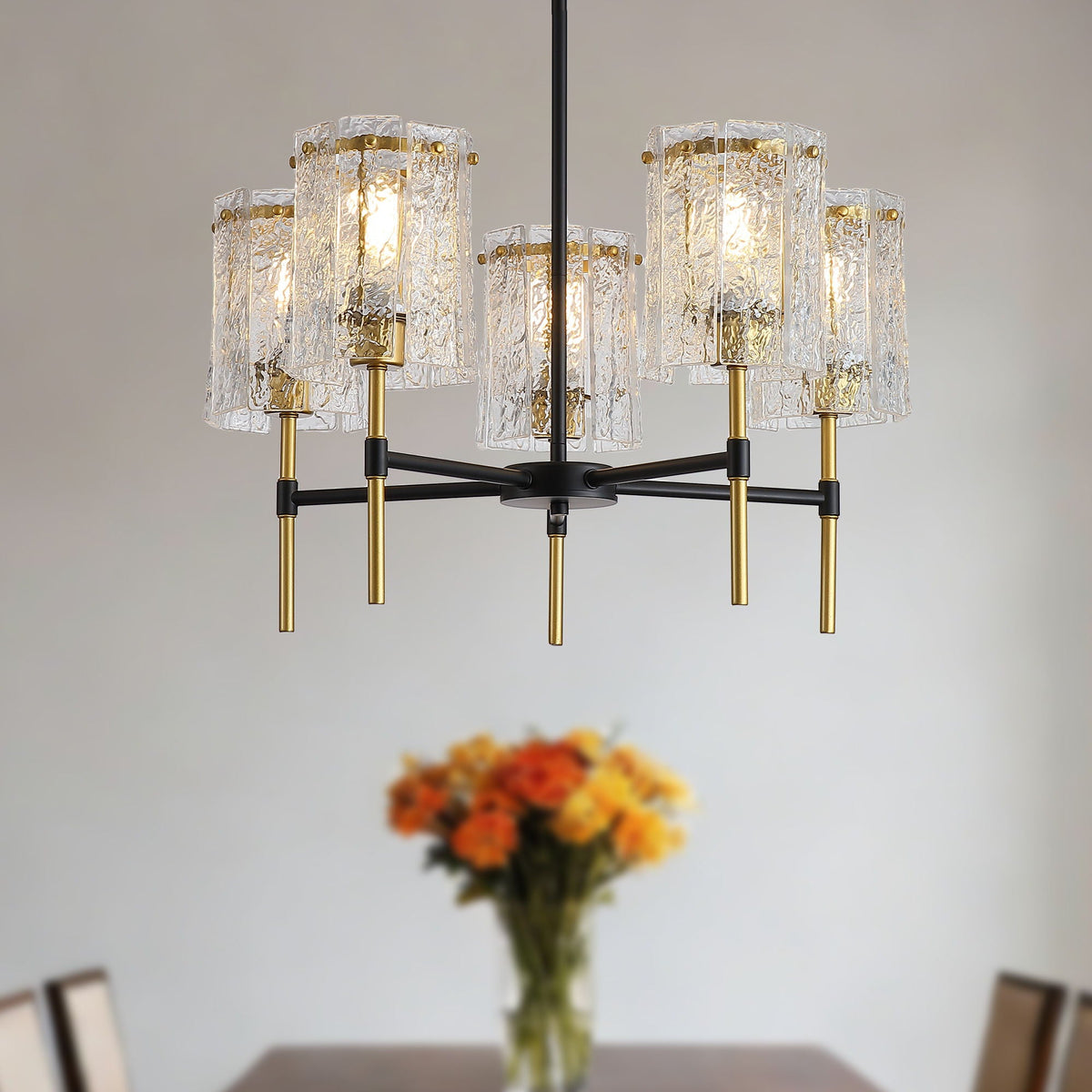 5 Light Chandelier, Textured Glass Pendant Light, (Not Including The Bulb) - Black / Gold