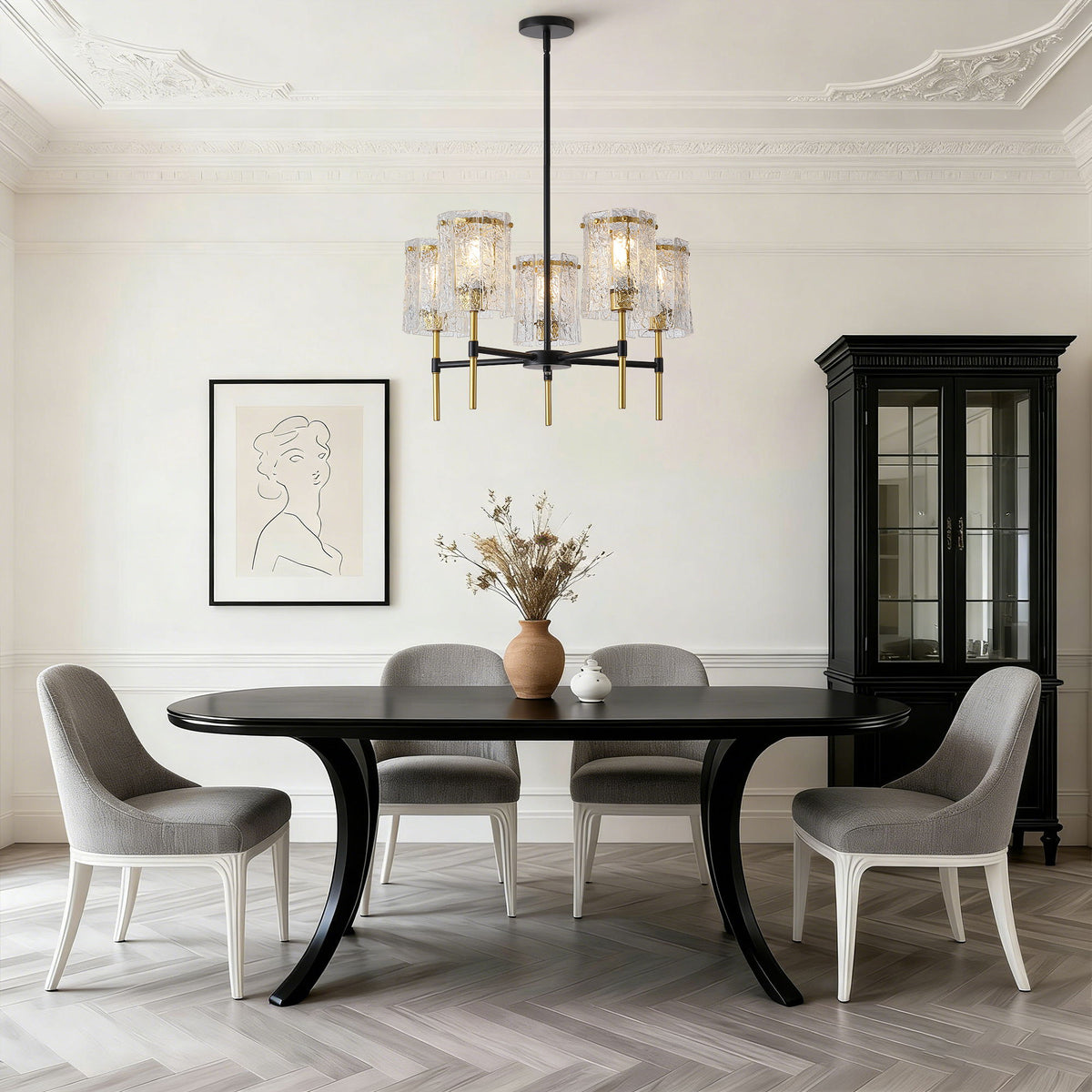 5 Light Chandelier, Textured Glass Pendant Light, (Not Including The Bulb) - Black / Gold