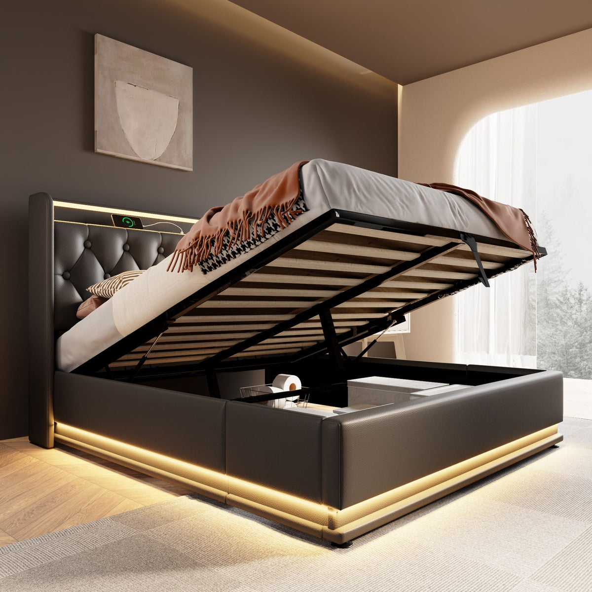 Upholstered Bed, Hydraulic Storage Bed (Without Mattress)