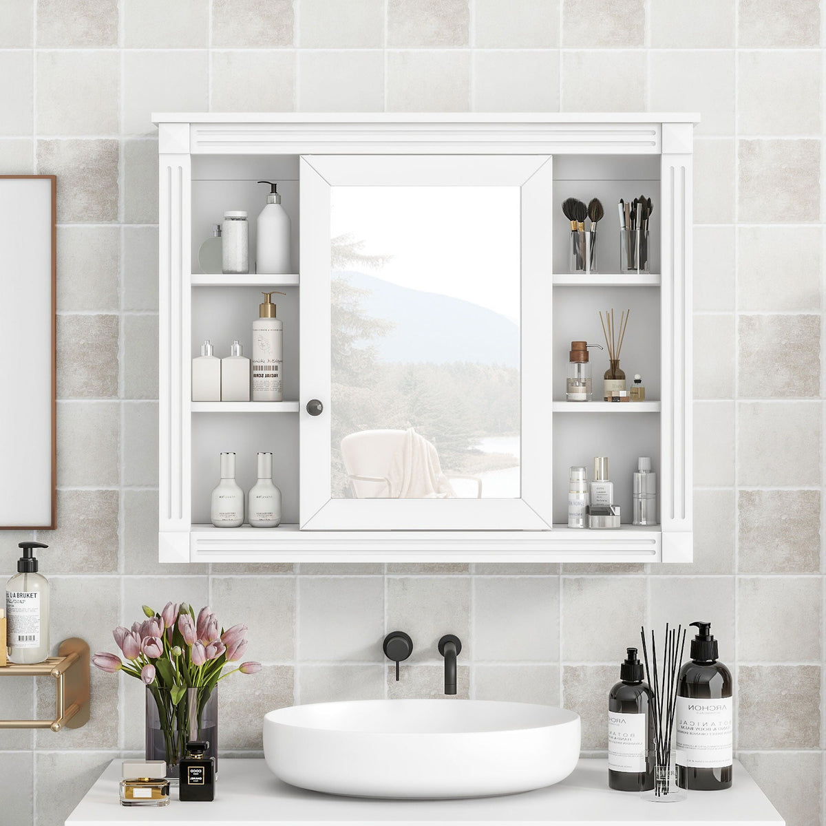 Wall Mounted Bathroom Storage Cabinet With Mirror, Cabinet With 6 Open Shelves