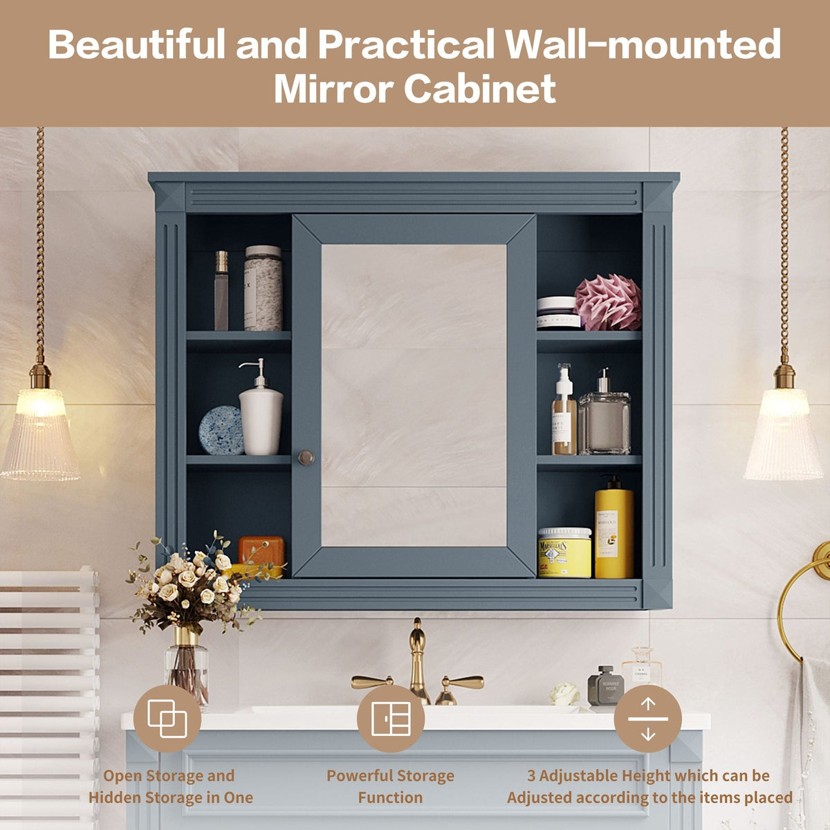 Wall Mounted Bathroom Storage Cabinet With Mirror, Cabinet With 6 Open Shelves