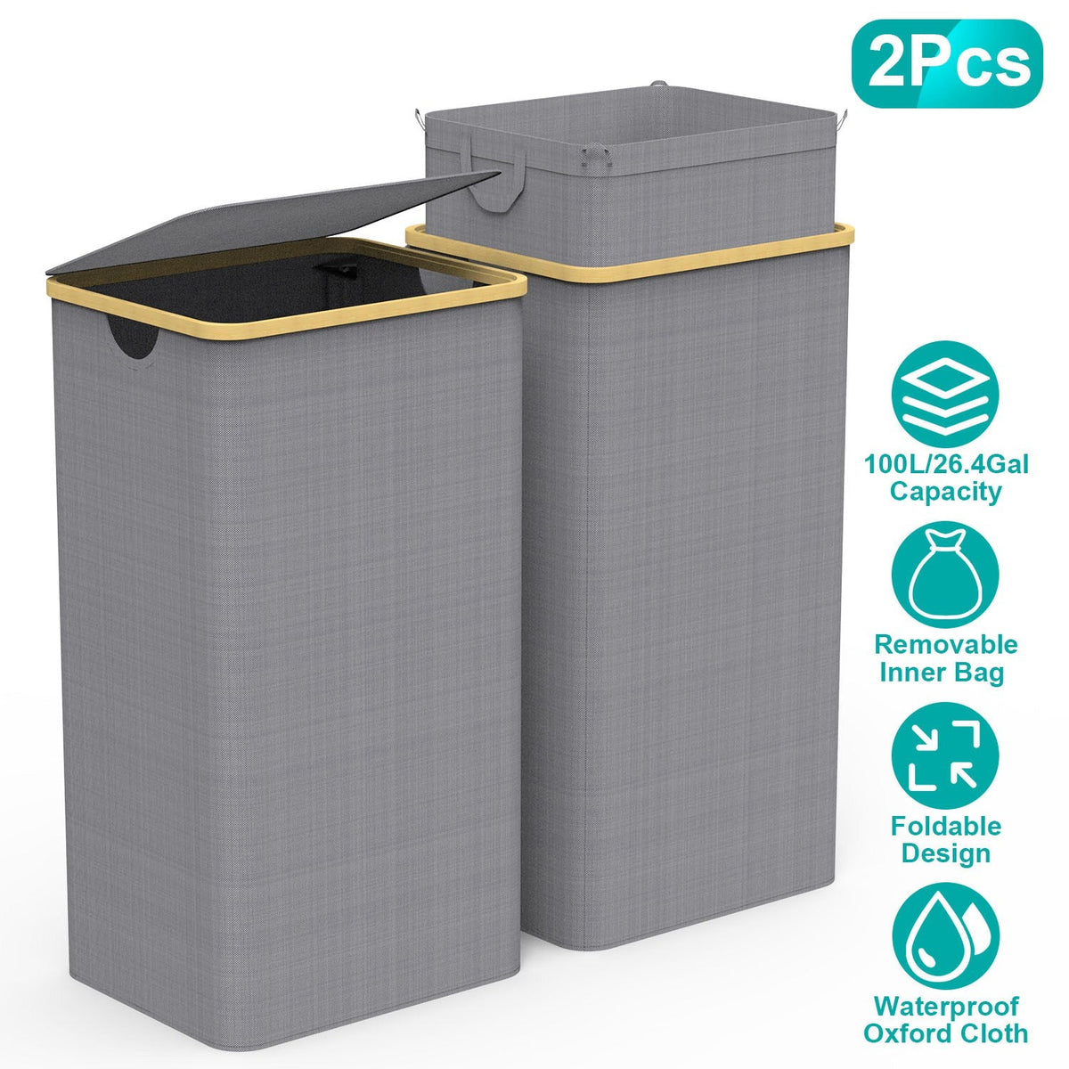 2Pcs Collapsible Laundry Hamper with Lid Handle 100L/26.4Gal