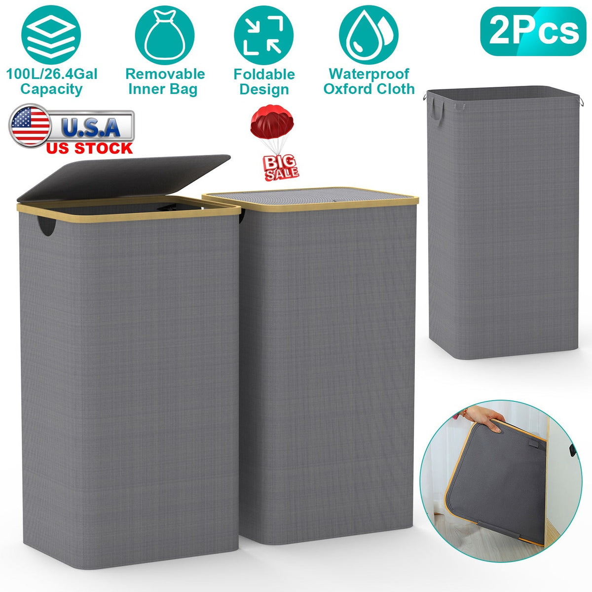 2Pcs Collapsible Laundry Hamper with Lid Handle 100L/26.4Gal
