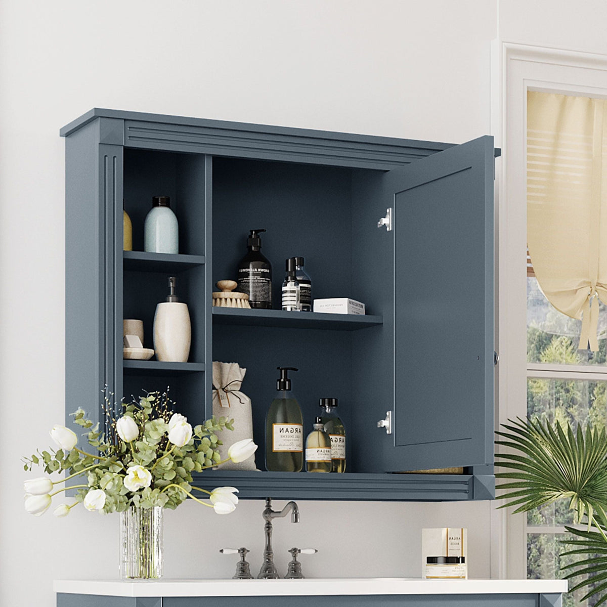 Wall Mounted Bathroom Storage Cabinet With Mirror, Cabinet With 6 Open Shelves