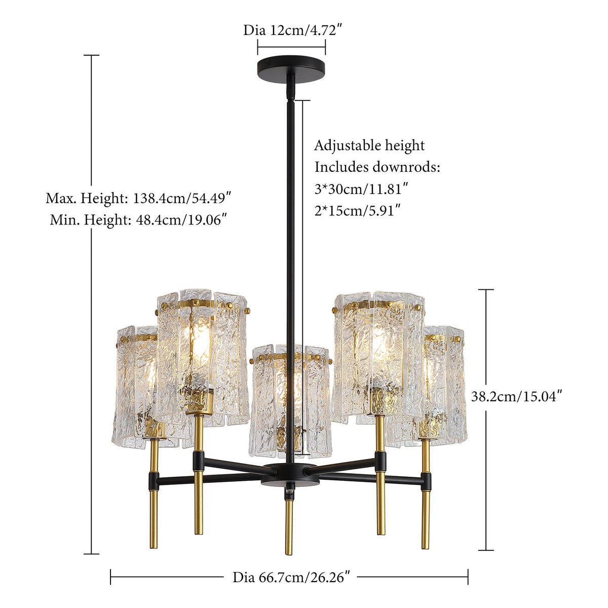 5 Light Chandelier, Textured Glass Pendant Light, (Not Including The Bulb) - Black / Gold