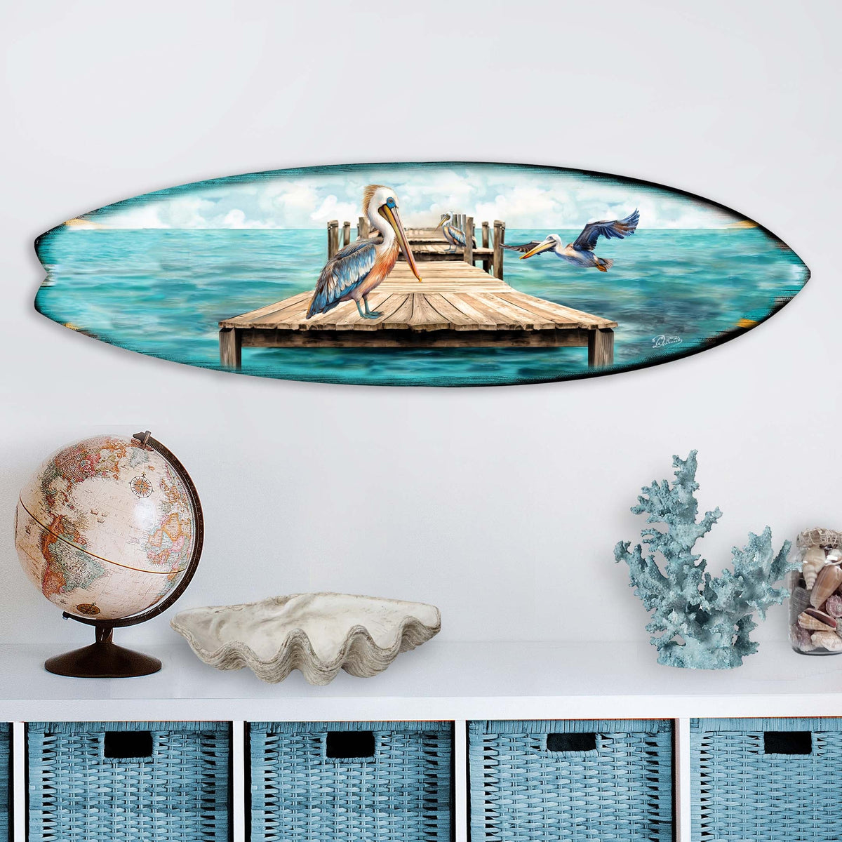 Pelican on the Pier Surfboard Coastal Wall Art