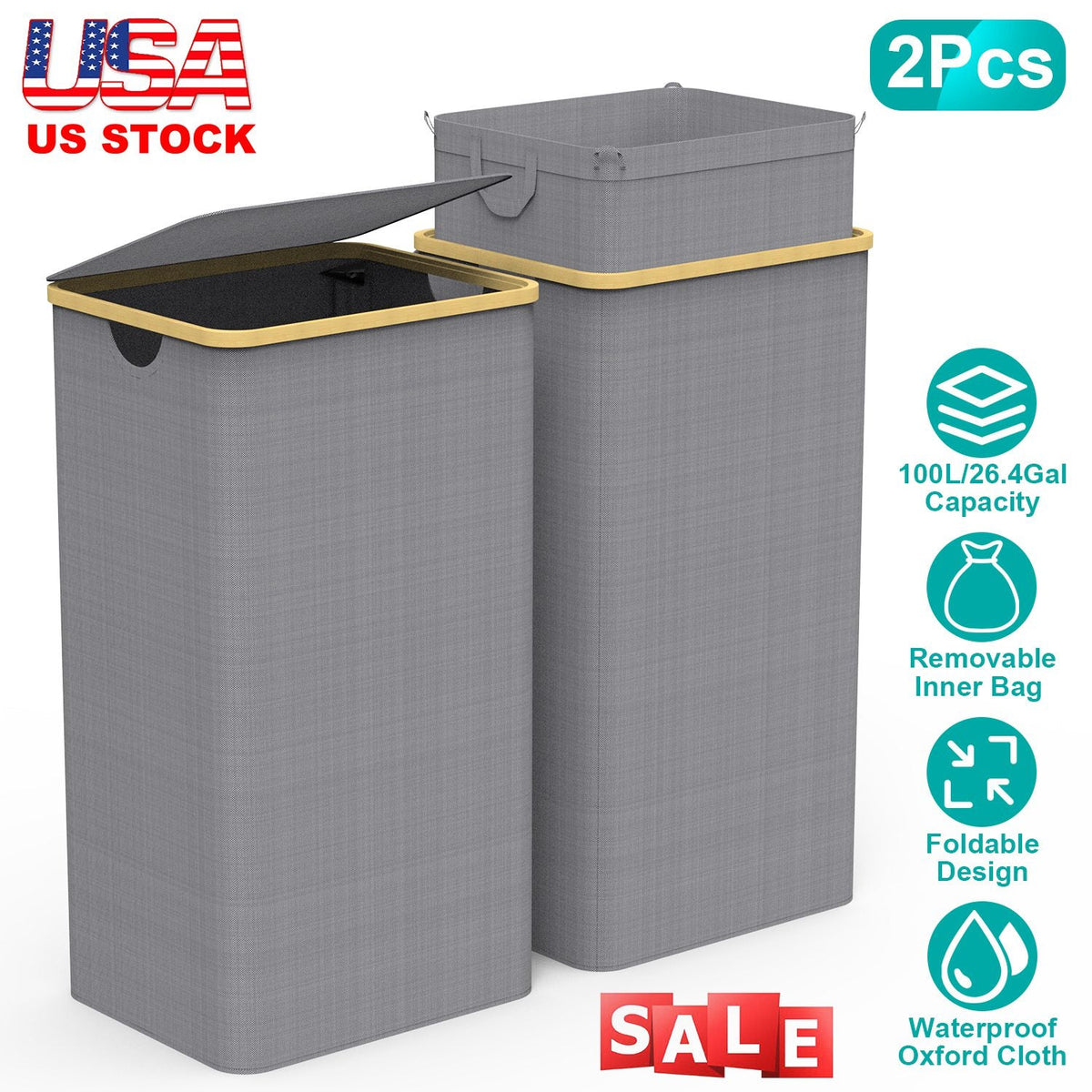 2Pcs Collapsible Laundry Hamper with Lid Handle 100L/26.4Gal