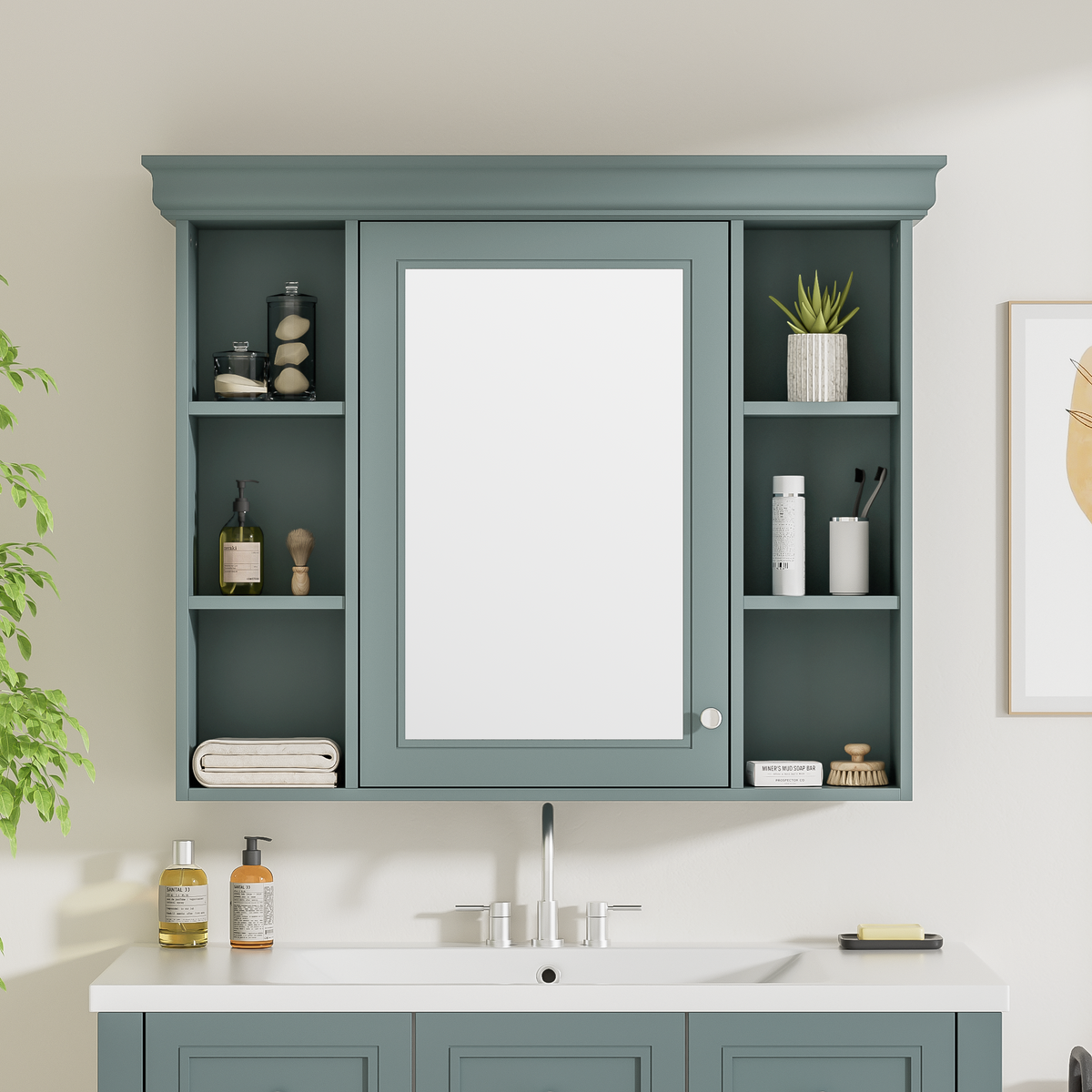 35 ''x 28' 'blue wall mounted bathroom storage cabinet with mirror door
