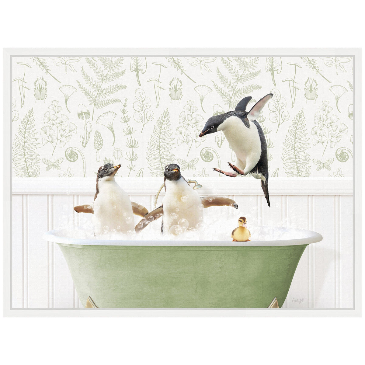 Sylvie Penguins in Fern Bath Framed Canvas