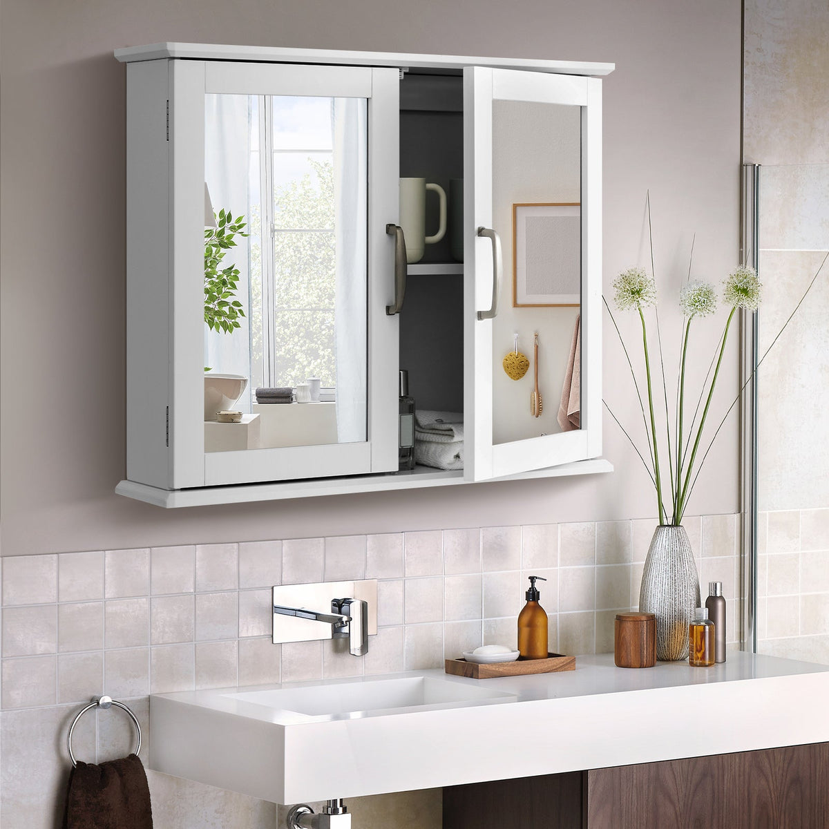 2-Tier Bathroom Wall-Mounted Mirror Storage Cabinet