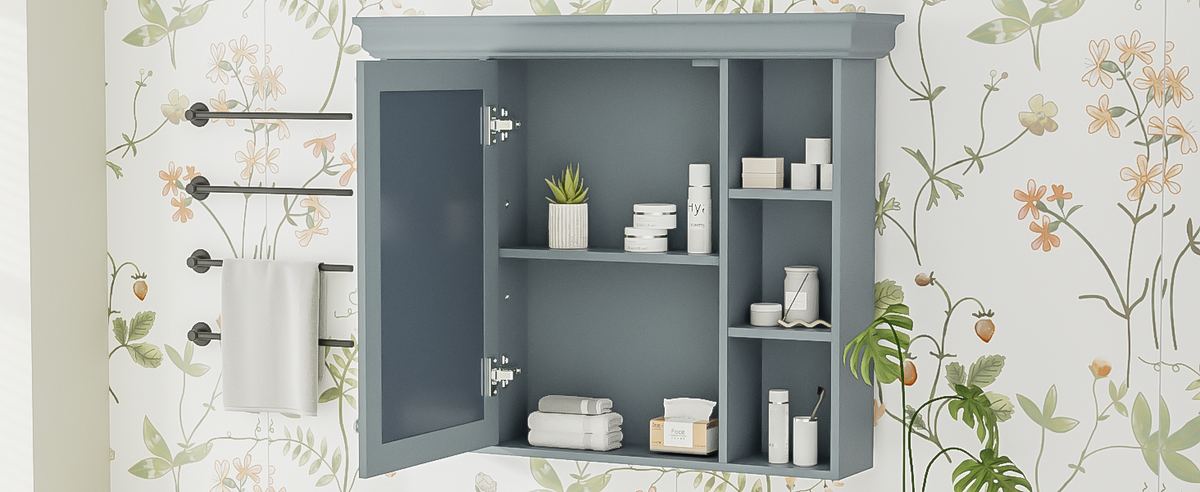 35 ''x 28' 'blue wall mounted bathroom storage cabinet with mirror door