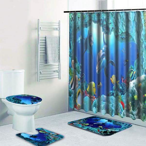Shower Curtain Pedestal Rug, Toilet Cover, Bath Mat Set