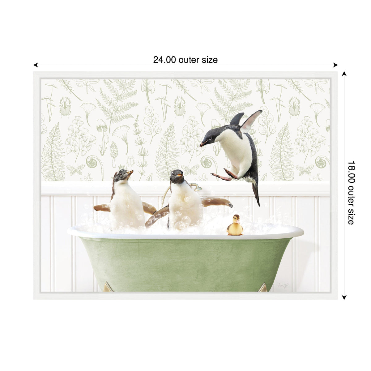 Sylvie Penguins in Fern Bath Framed Canvas