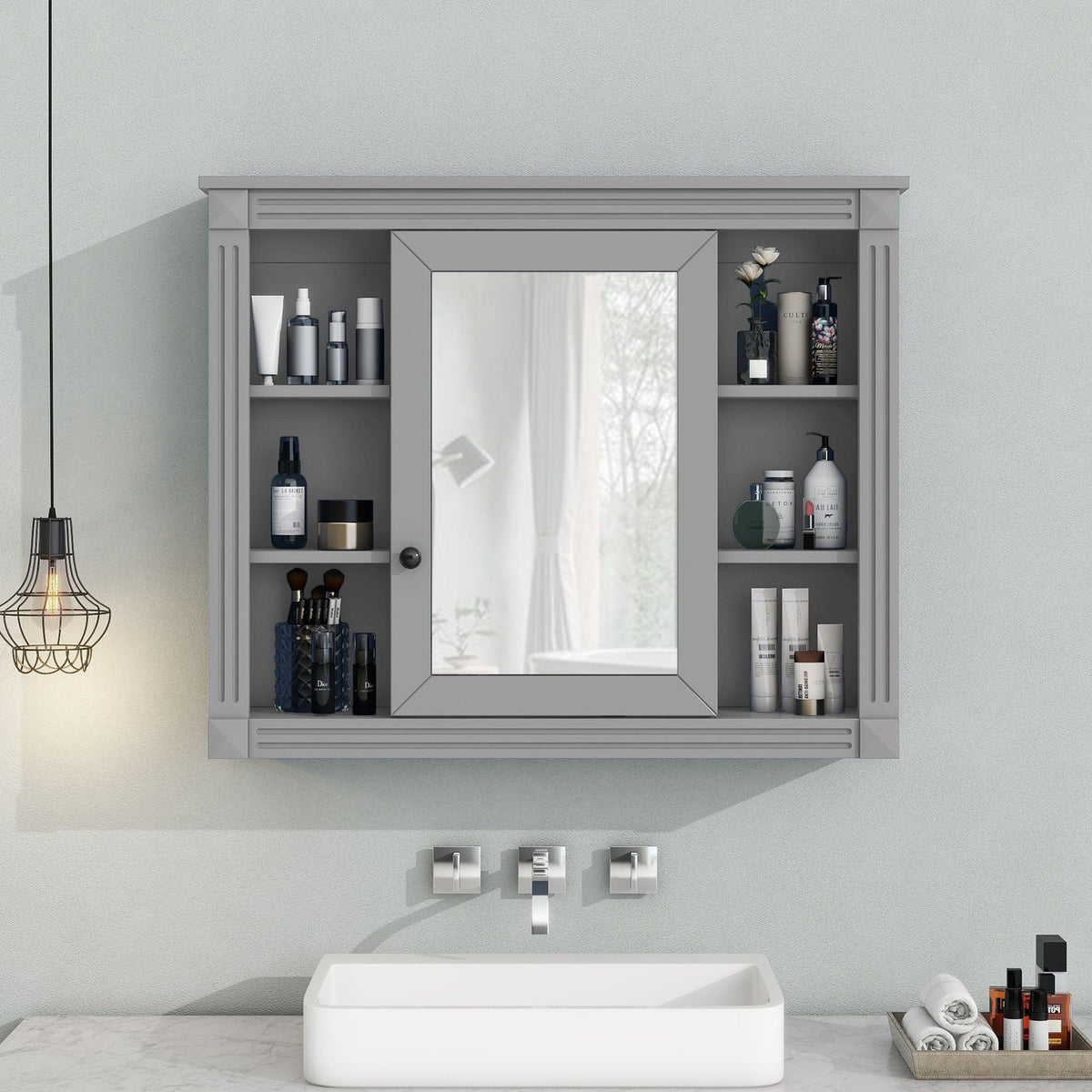 Wall Mounted Bathroom Storage Cabinet With Mirror, Cabinet With 6 Open Shelves