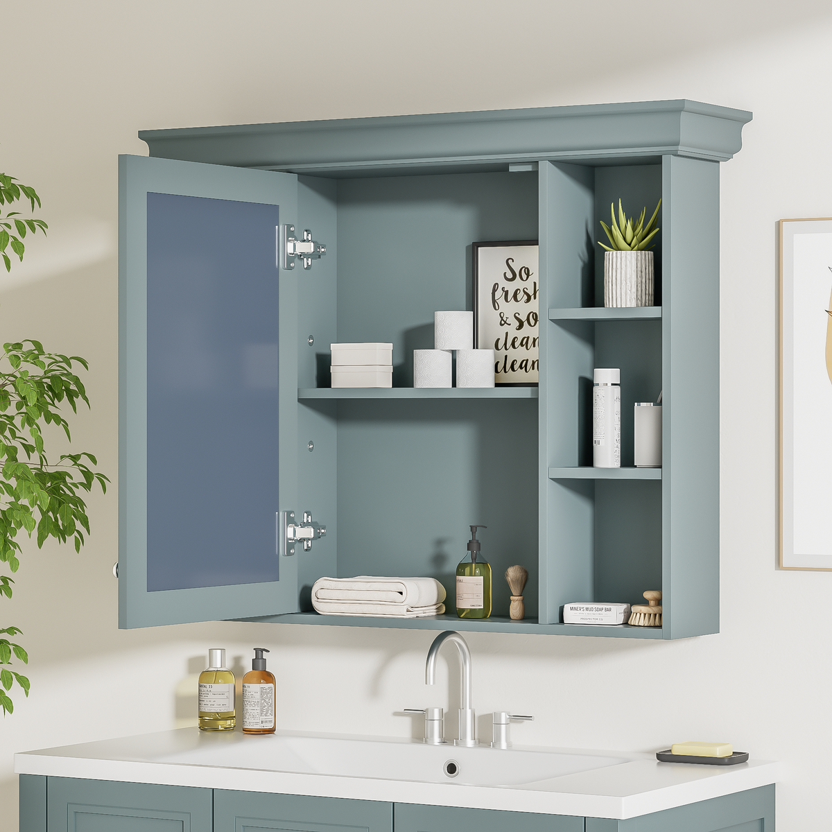 35 ''x 28' 'blue wall mounted bathroom storage cabinet with mirror door