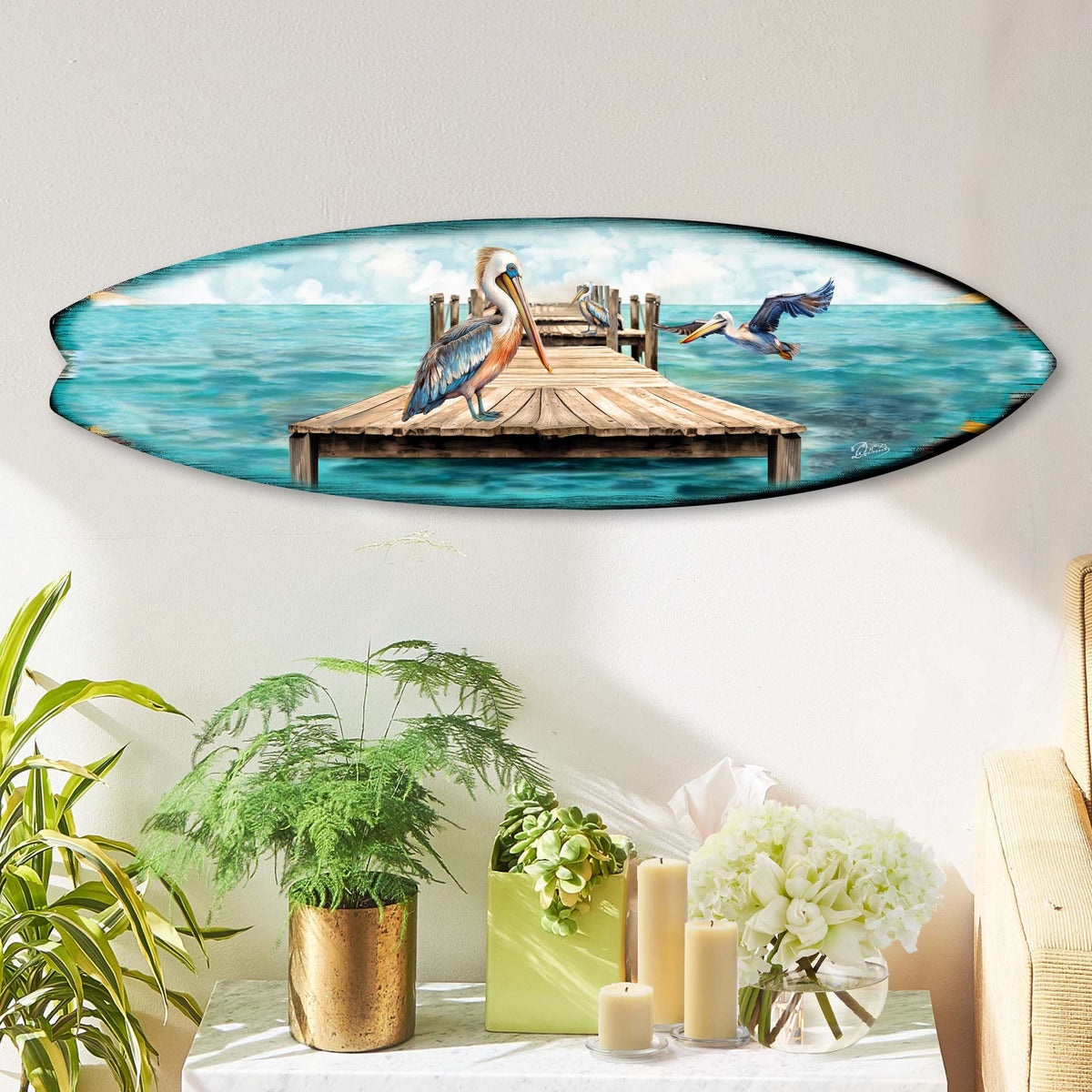 Pelican on the Pier Surfboard Coastal Wall Art