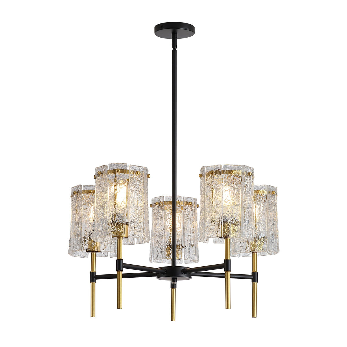 5 Light Chandelier, Textured Glass Pendant Light, (Not Including The Bulb) - Black / Gold