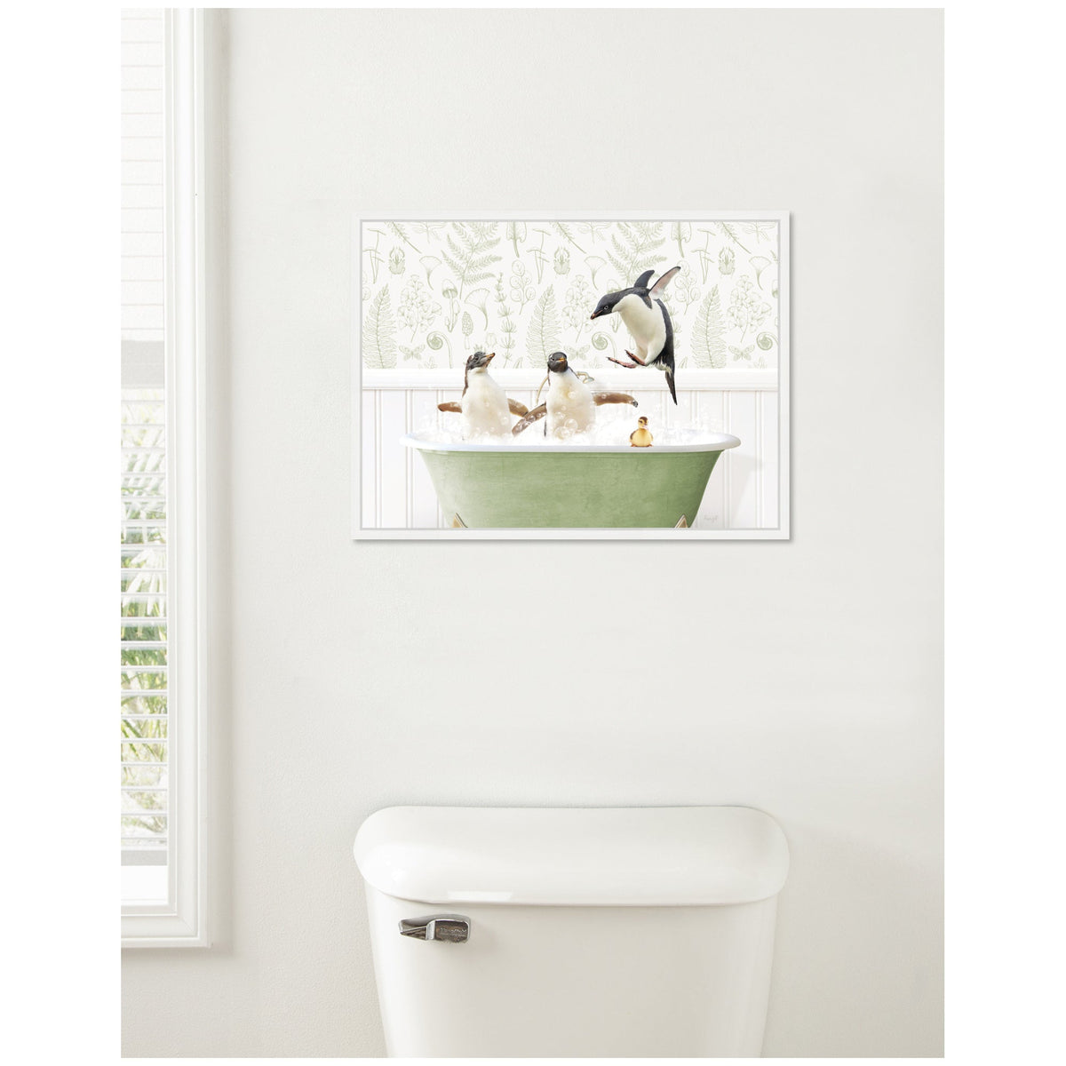 Sylvie Penguins in Fern Bath Framed Canvas