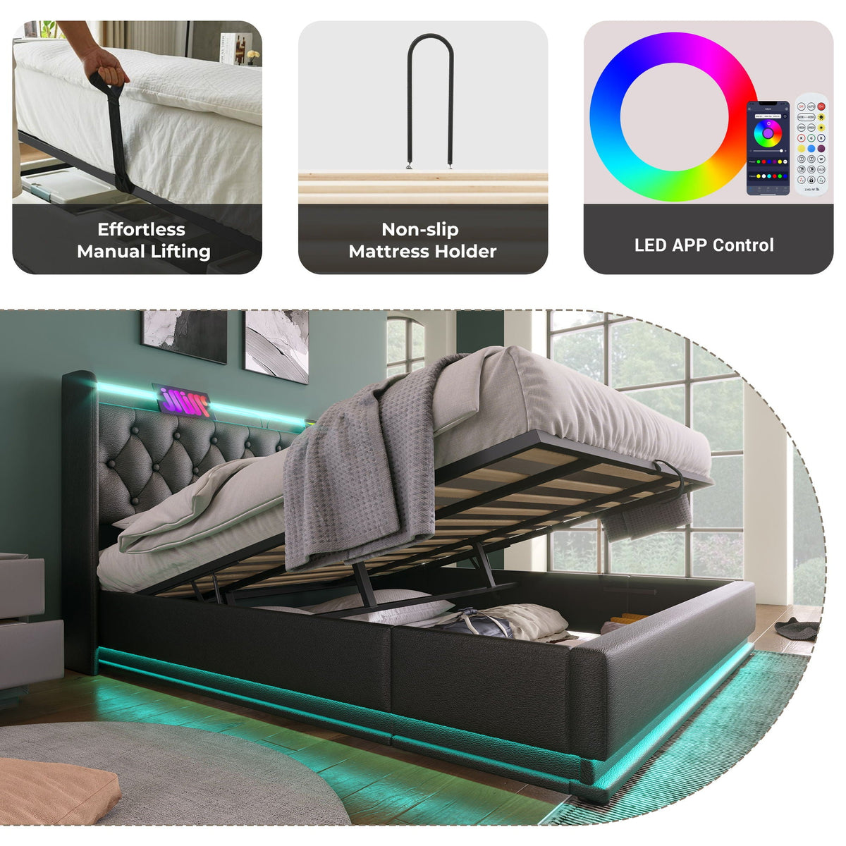 Upholstered Bed, Hydraulic Storage Bed (Without Mattress)