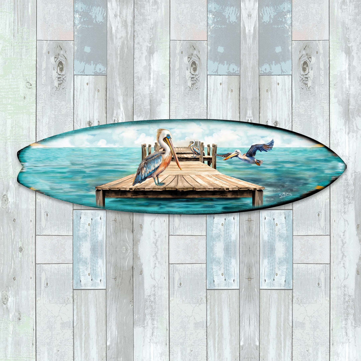 Pelican on the Pier Surfboard Coastal Wall Art