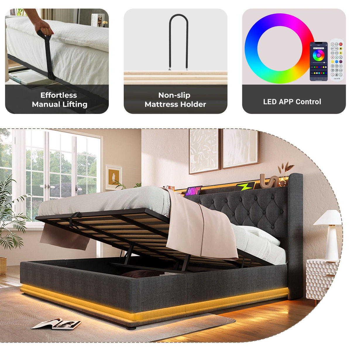 Upholstered Bed, Hydraulic Storage Bed (Without Mattress)
