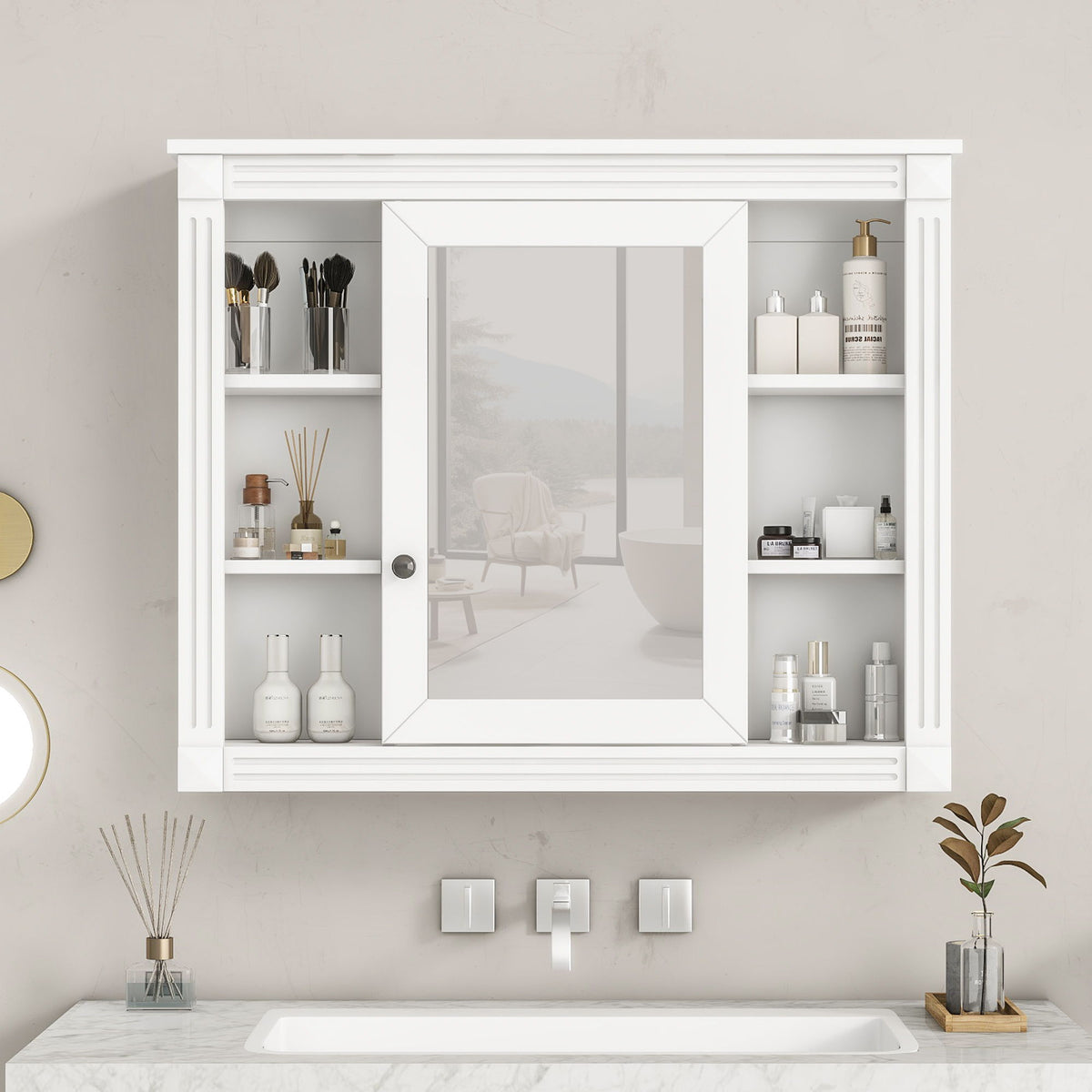 Wall Mounted Bathroom Storage Cabinet With Mirror, Cabinet With 6 Open Shelves
