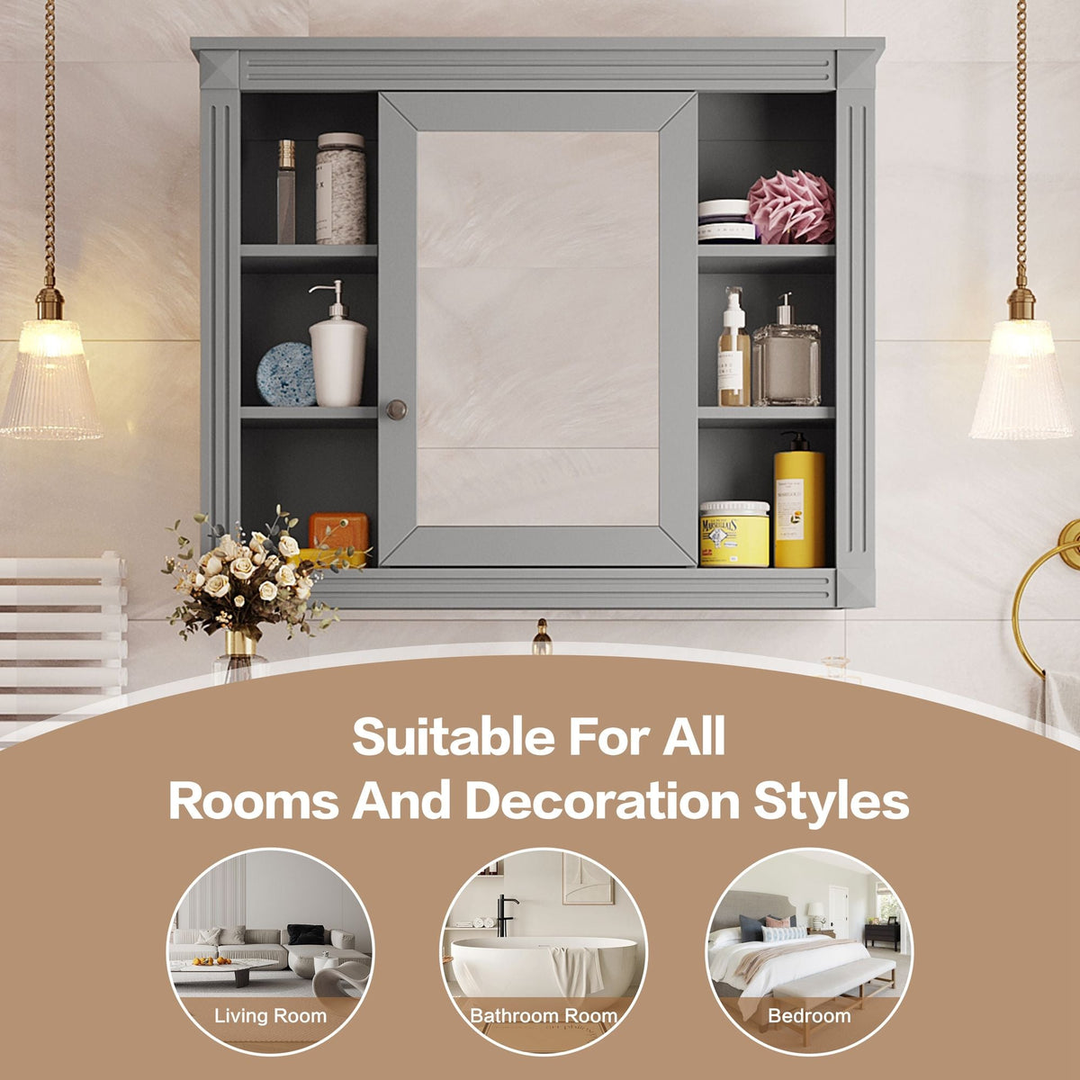 Wall Mounted Bathroom Storage Cabinet With Mirror, Cabinet With 6 Open Shelves
