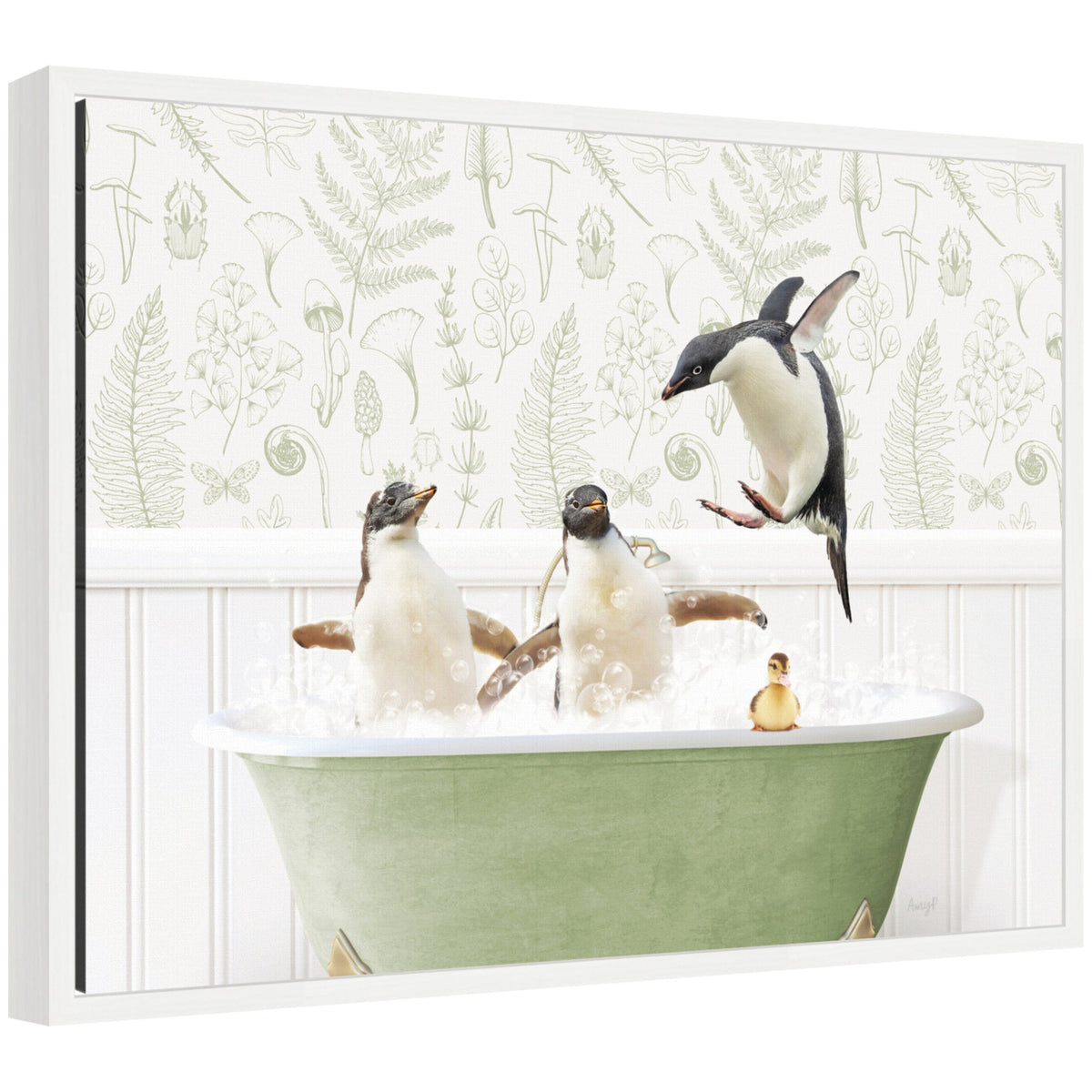 Sylvie Penguins in Fern Bath Framed Canvas
