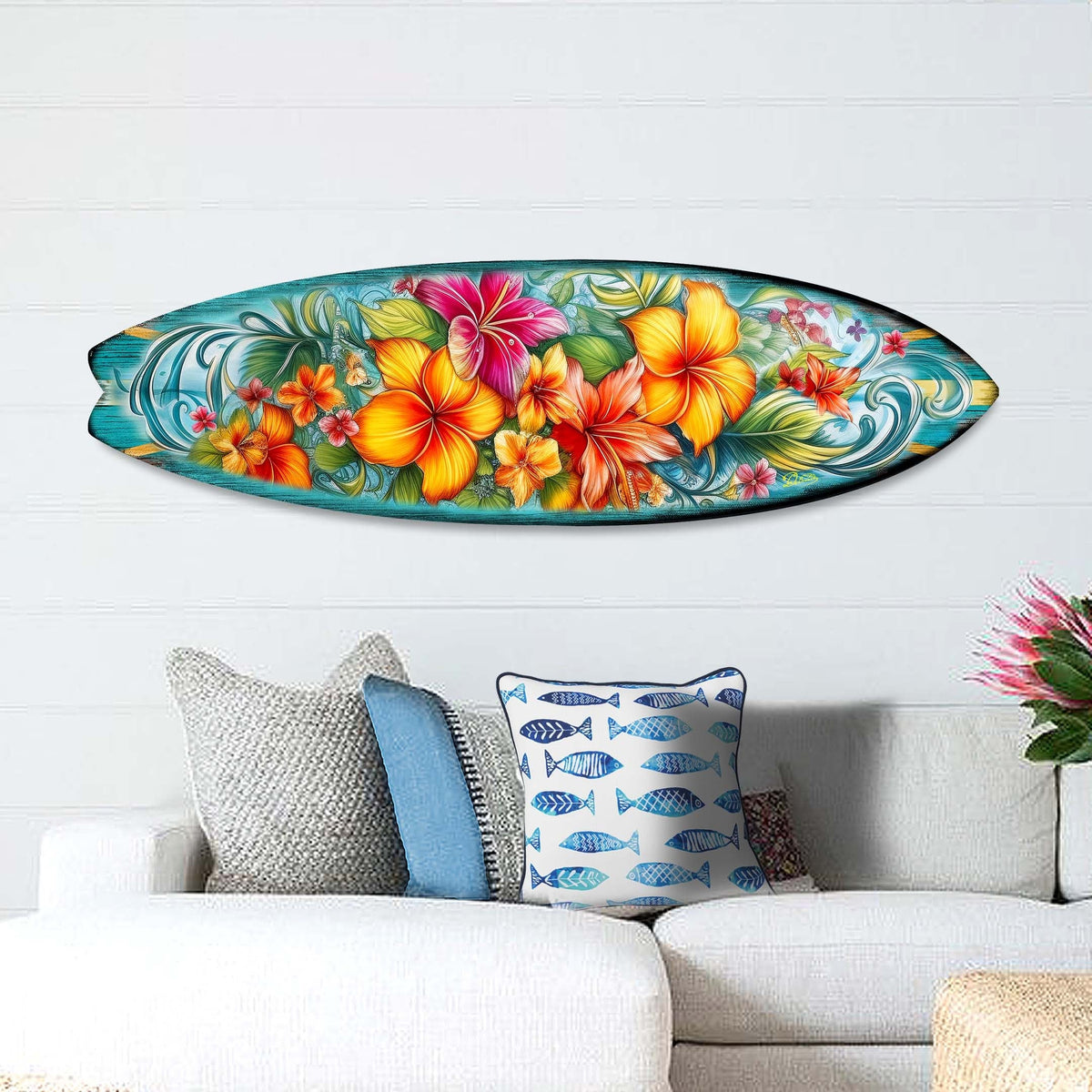 Hawaiian Flowers Surfboard Coastal Wall Art