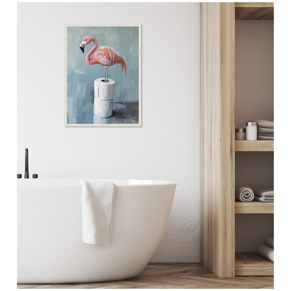 Sylvie Flamingo Standing with Toilet Paper Rolls Bathroom Art Framed Canvas