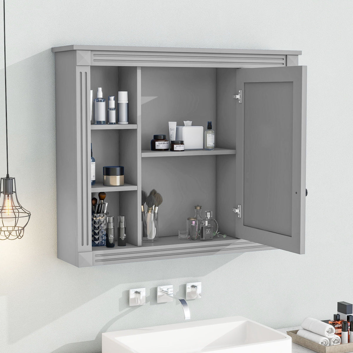 Wall Mounted Bathroom Storage Cabinet With Mirror, Cabinet With 6 Open Shelves