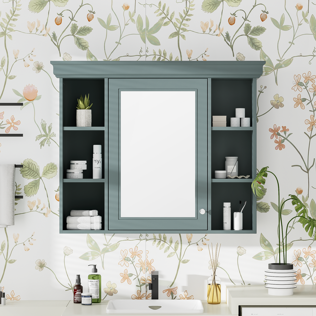 35 ''x 28' 'blue wall mounted bathroom storage cabinet with mirror door