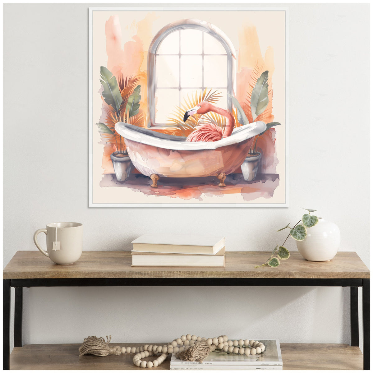 Sylvie Flamingo Bath Pastel Tropical Bathroom Watercolor Framed Canvas