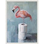 Sylvie Flamingo Standing with Toilet Paper Rolls Bathroom Art Framed Canvas