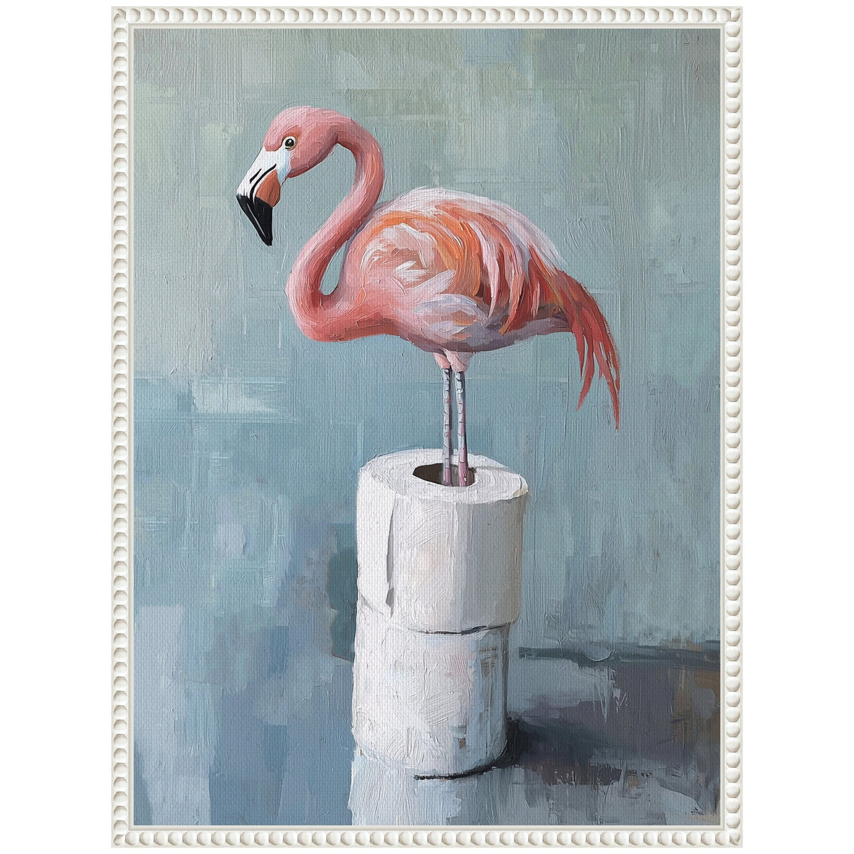Sylvie Flamingo Standing with Toilet Paper Rolls Bathroom Art Framed Canvas