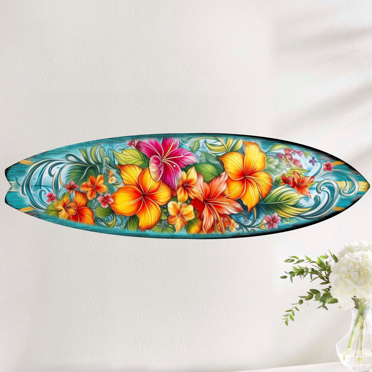 Hawaiian Flowers Surfboard Coastal Wall Art