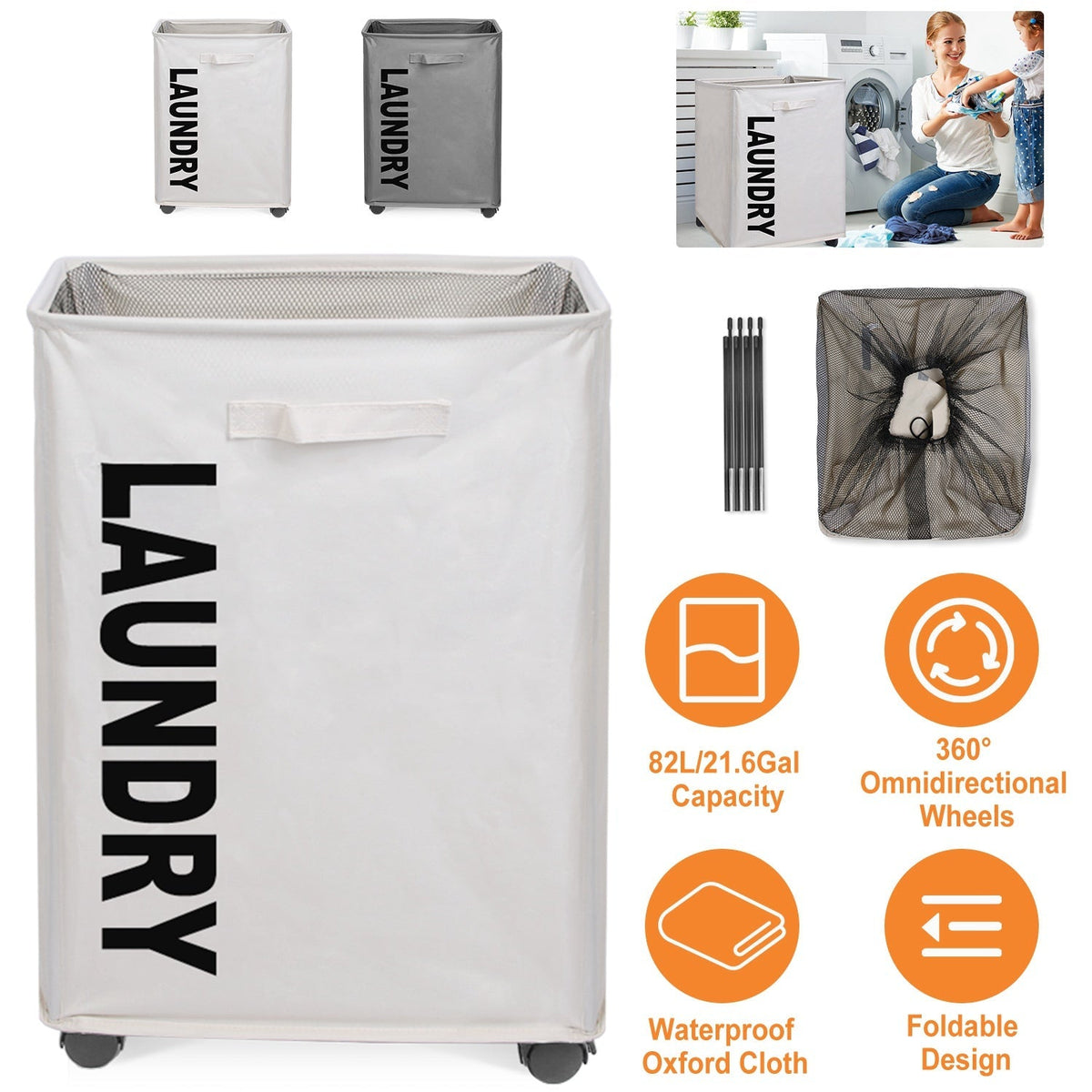 82L/21.6Gal Large Rolling Laundry Hamper Collapsible Tall Laundry Basket with Wheels