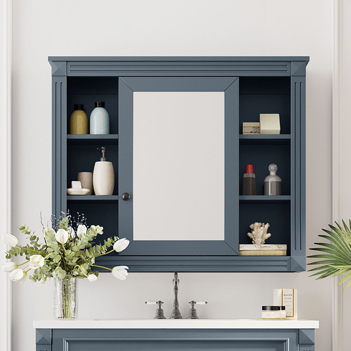 Wall Mounted Bathroom Storage Cabinet With Mirror, Cabinet With 6 Open Shelves