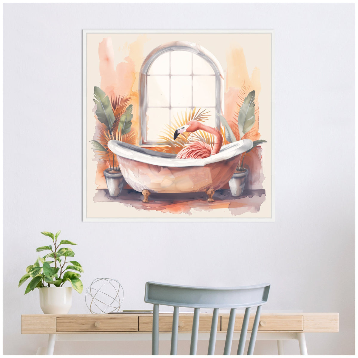 Sylvie Flamingo Bath Pastel Tropical Bathroom Watercolor Framed Canvas