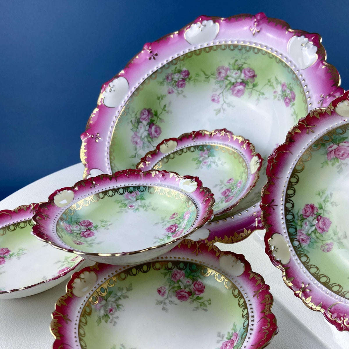 Antique Austrian Hand Painted Porcelain Serving Bowl with Matching Salad Dessert Bowls
