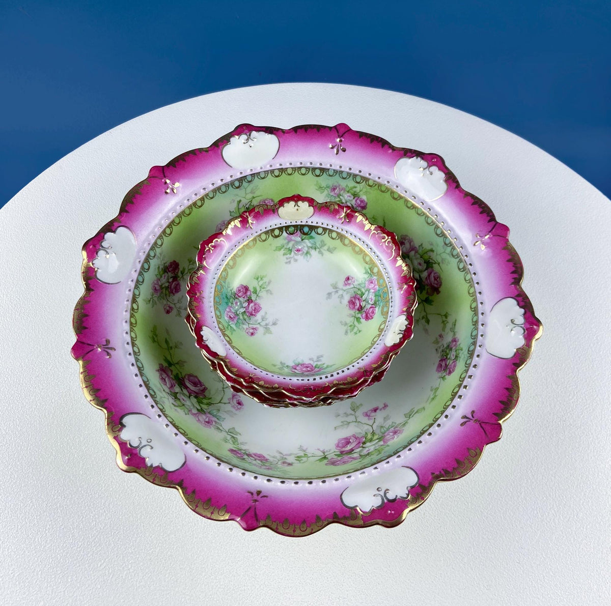 Antique Austrian Hand Painted Porcelain Serving Bowl with Matching Salad Dessert Bowls