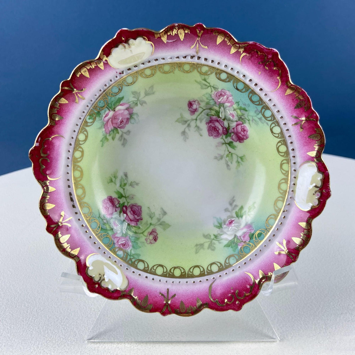 Antique Austrian Hand Painted Porcelain Serving Bowl with Matching Salad Dessert Bowls