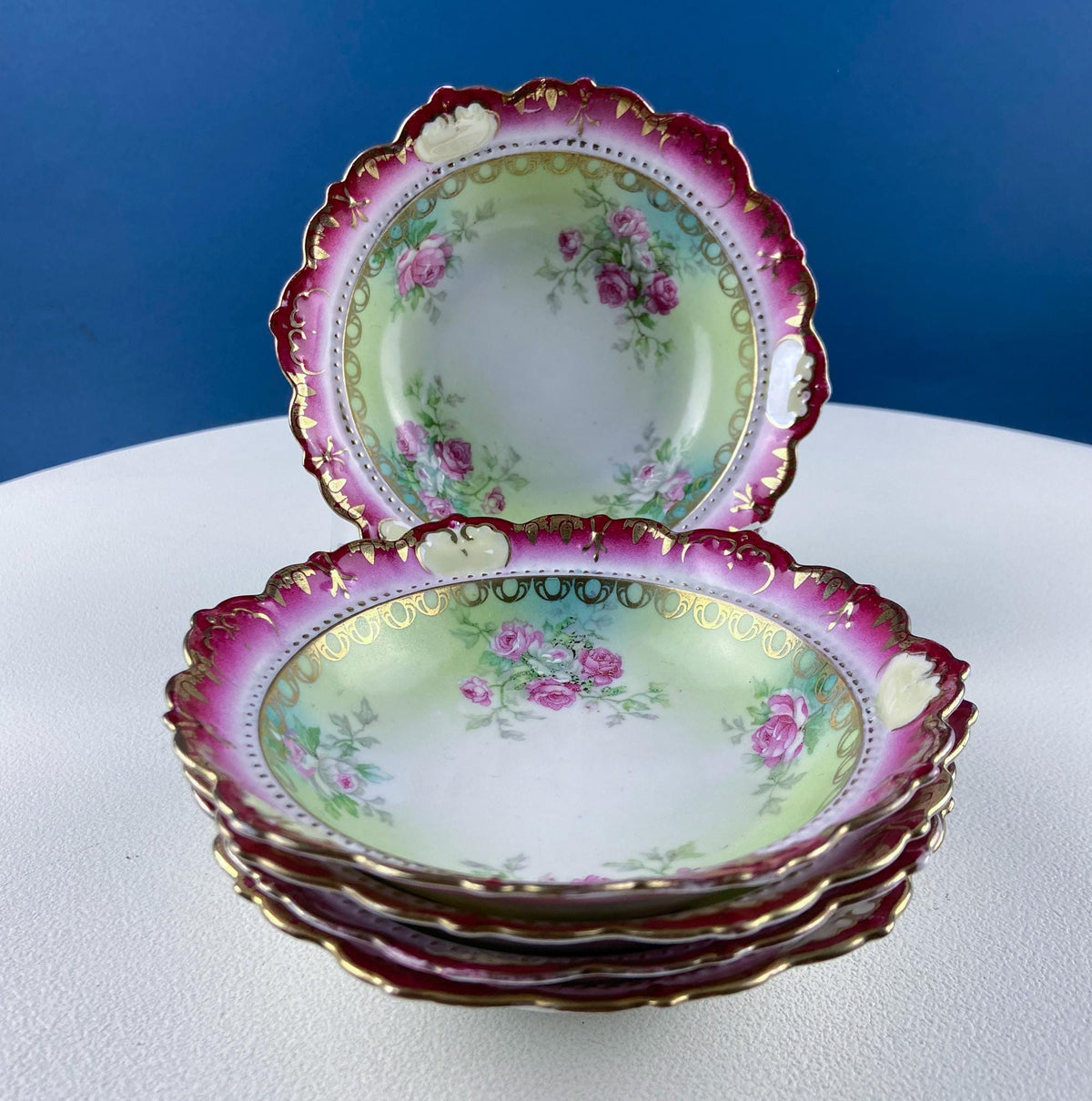 Antique Austrian Hand Painted Porcelain Serving Bowl with Matching Salad Dessert Bowls
