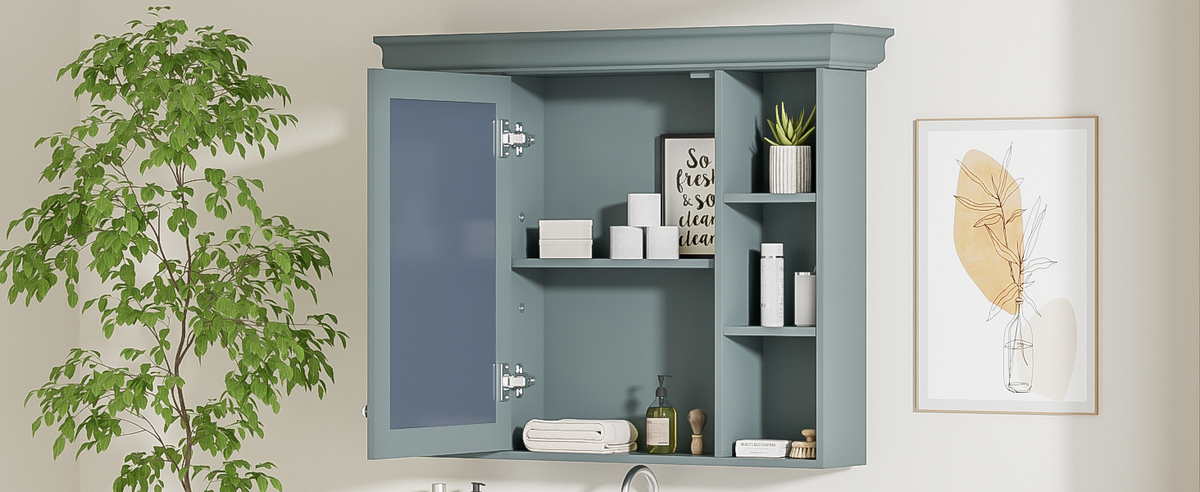 35 ''x 28' 'blue wall mounted bathroom storage cabinet with mirror door