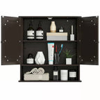 Brown Wooden Bathroom Wall / Medicine Cabinet with Mirrored Doors and Shelf