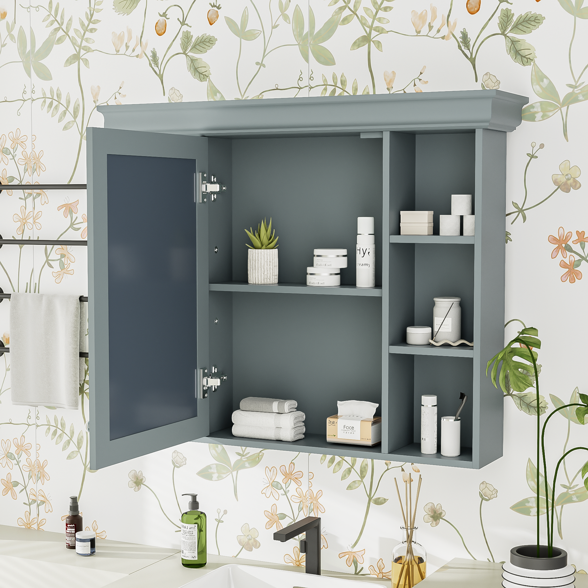 35 ''x 28' 'blue wall mounted bathroom storage cabinet with mirror door