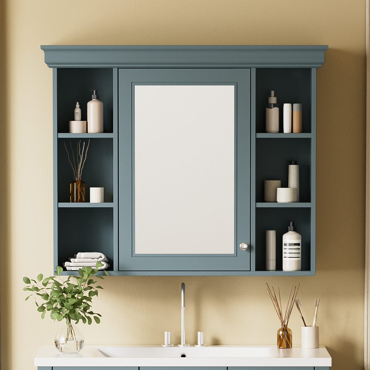 35 ''x 28' 'blue wall mounted bathroom storage cabinet with mirror door