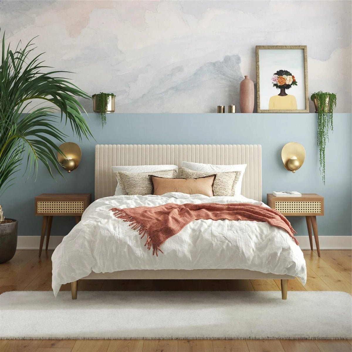 Queen Mid-Century Ivory Cream Velvet Upholstered Platform Bed with Headboard