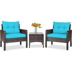 3-Piece Brown PE Rattan Outdoor Patio Furniture Dining Set w/ Turquoise Cushions
